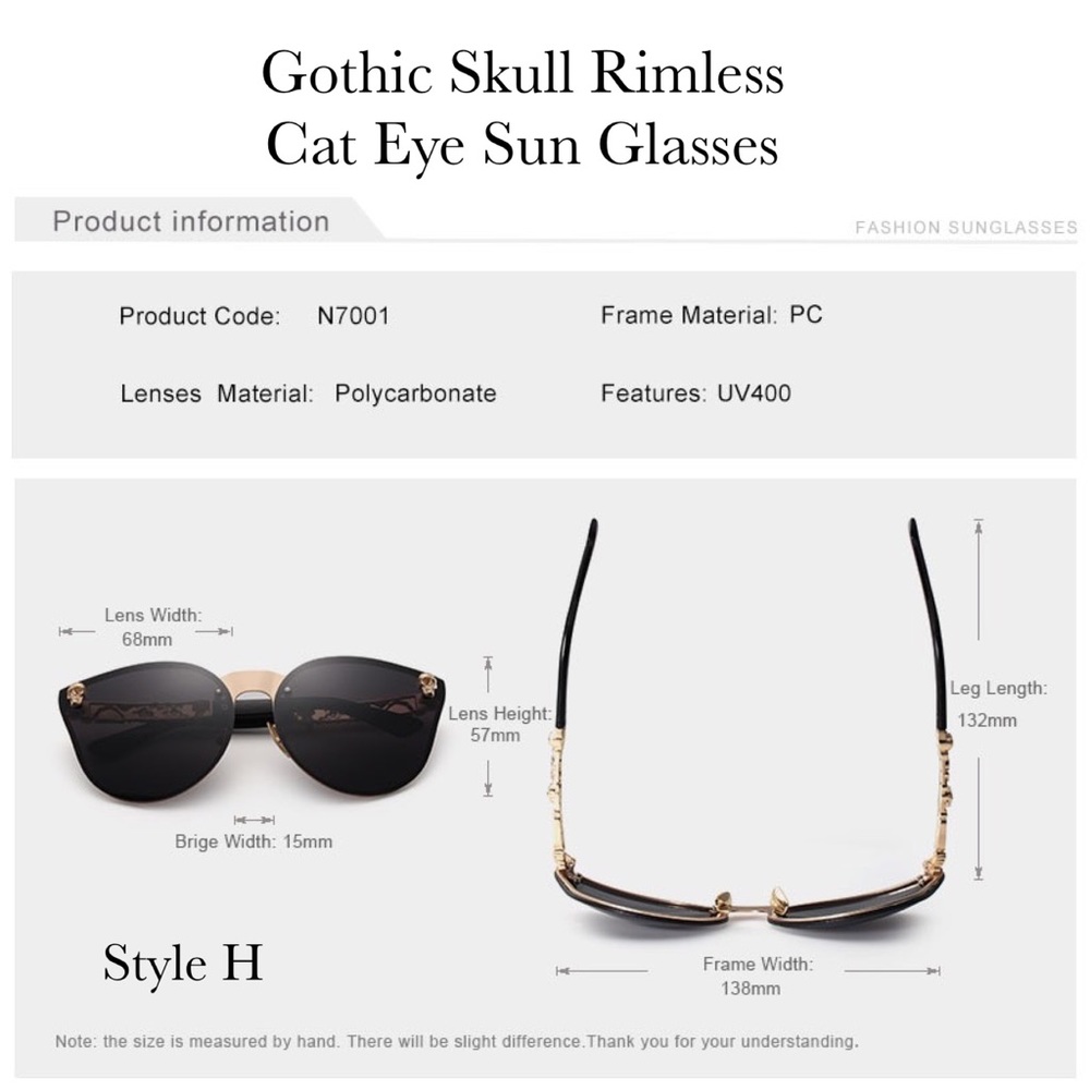 KINGSEVEN Silver Gothic Skull Rimless Cat Eye Sunglasses - Picture 16 of 16